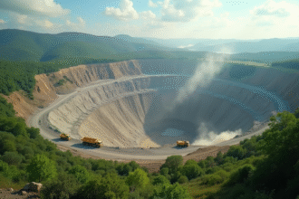 Carrière à ciel ouvert avec camions de mine dans un paysage vert