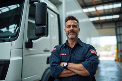 Conducteur de camion confiant à côté d'un camion frigorifique propre