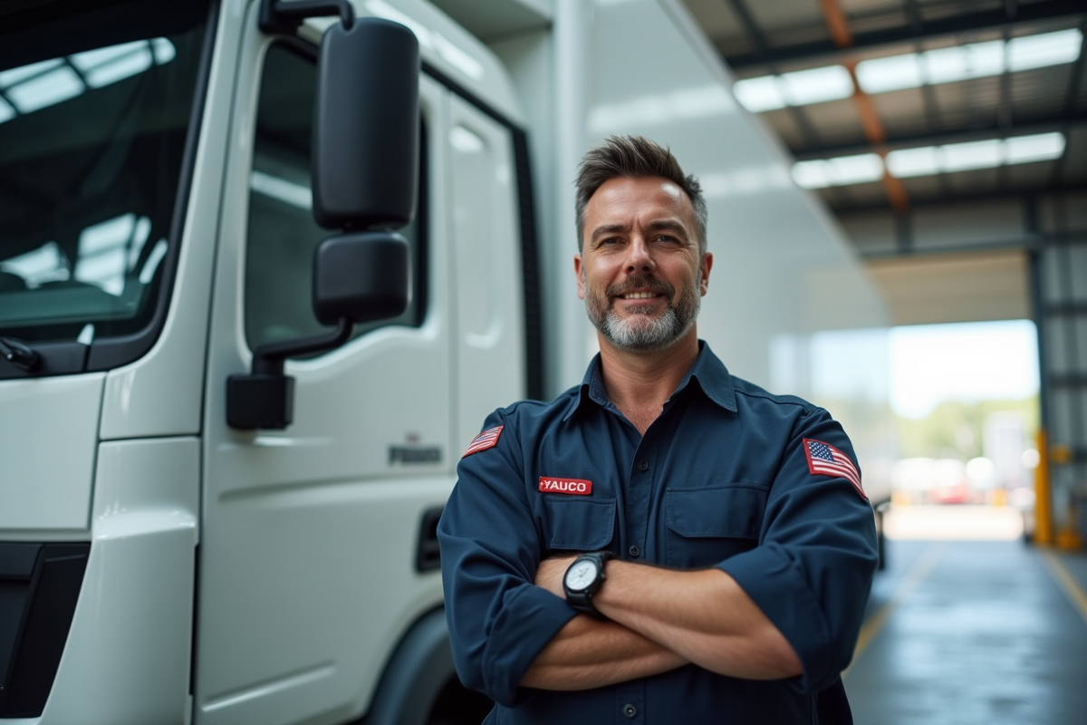 Conducteur de camion confiant à côté d'un camion frigorifique propre