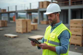 Chef de chantier homme en vest et casque sur site