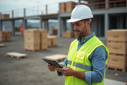 Chef de chantier homme en vest et casque sur site