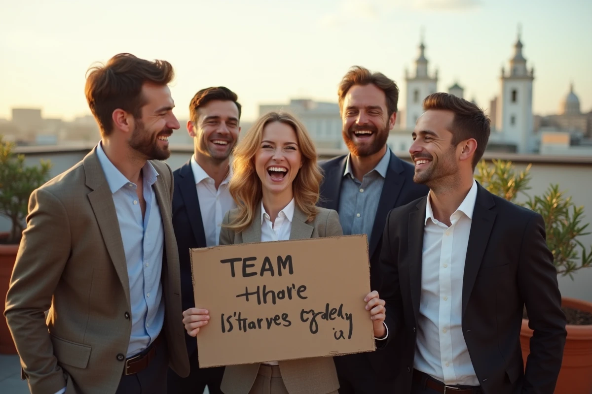 Équipe de professionnels célébrant joyeusement sur une terrasse urbaine avec une pancarte humoristique, représentant la motivation collective et l'esprit d'équipe