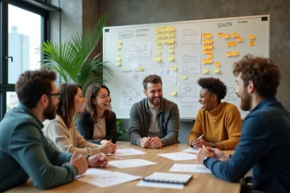 Groupe de collègues riant ensemble lors d'une séance de brainstorming au bureau, illustrant l'esprit d'équipe et l'humour au travail