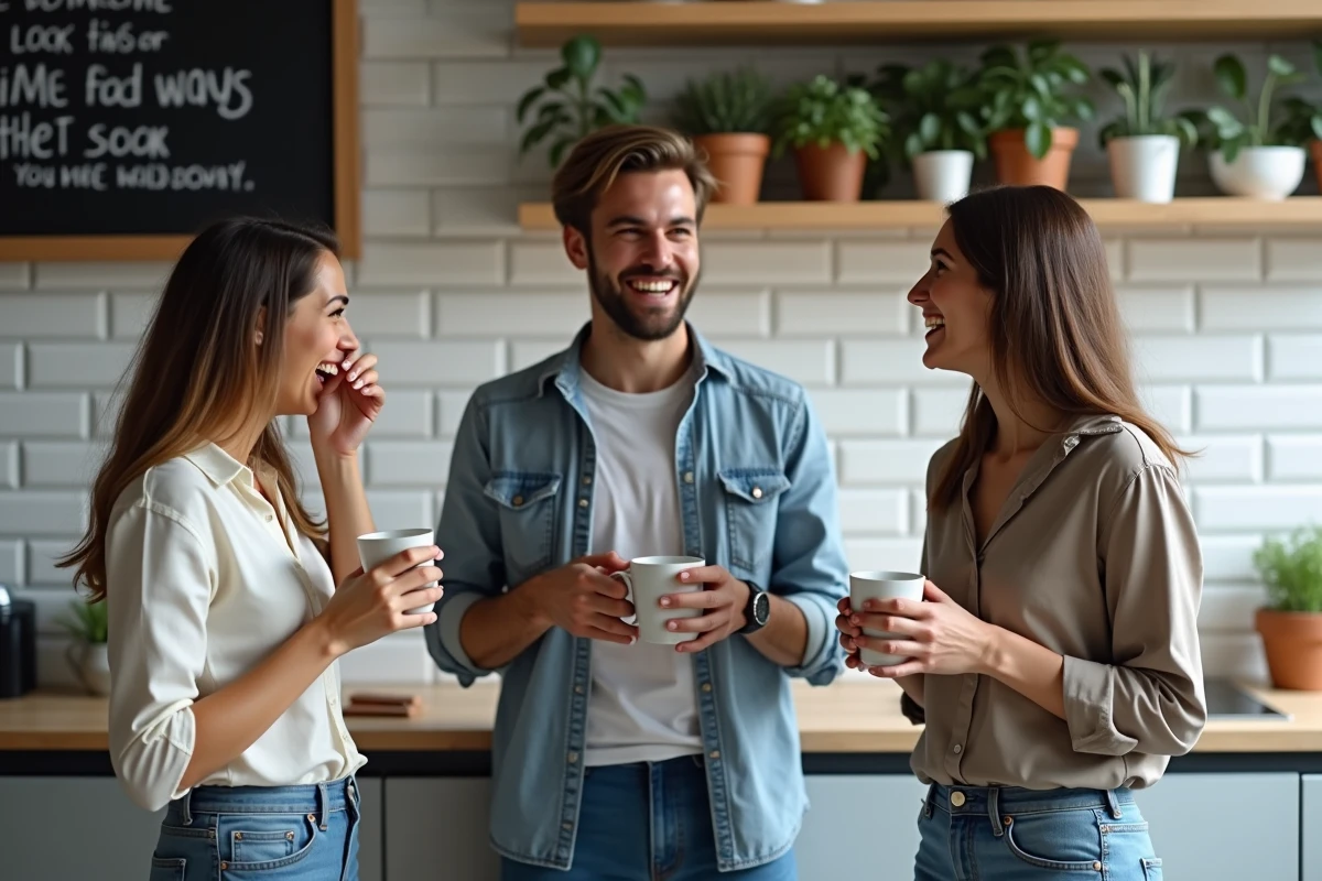 Trois collègues riant ensemble pendant une pause café dans une cuisine de bureau moderne, symbolisant la bonne humeur et la cohésion d'équipe
