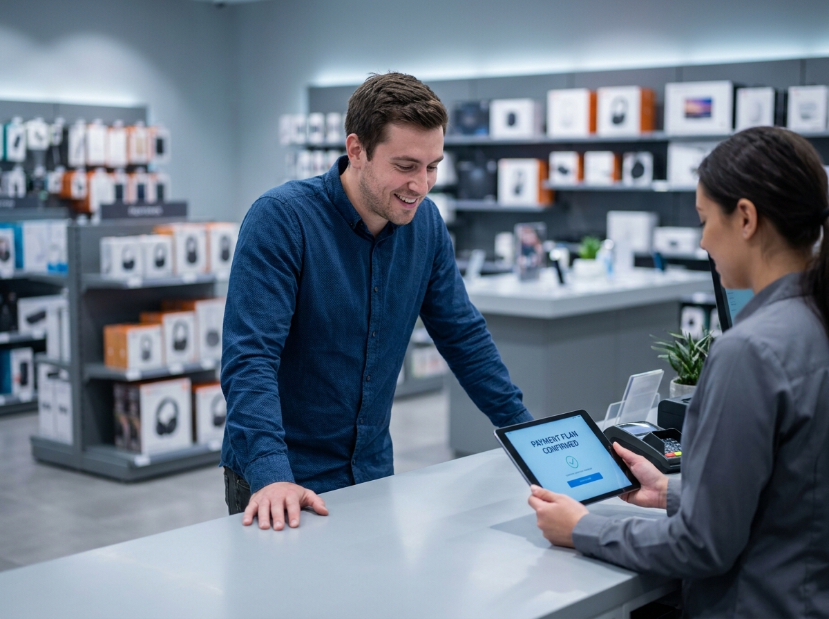 Client en magasin consultant un plan de paiement fractionné sur une tablette avec un vendeur au comptoir