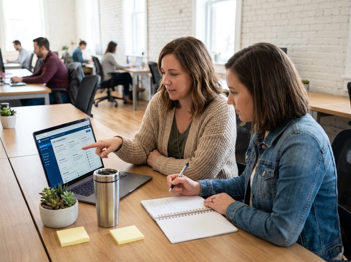 Deux collaboratrices consultant un portail intranet CSE pour améliorer la communication interne