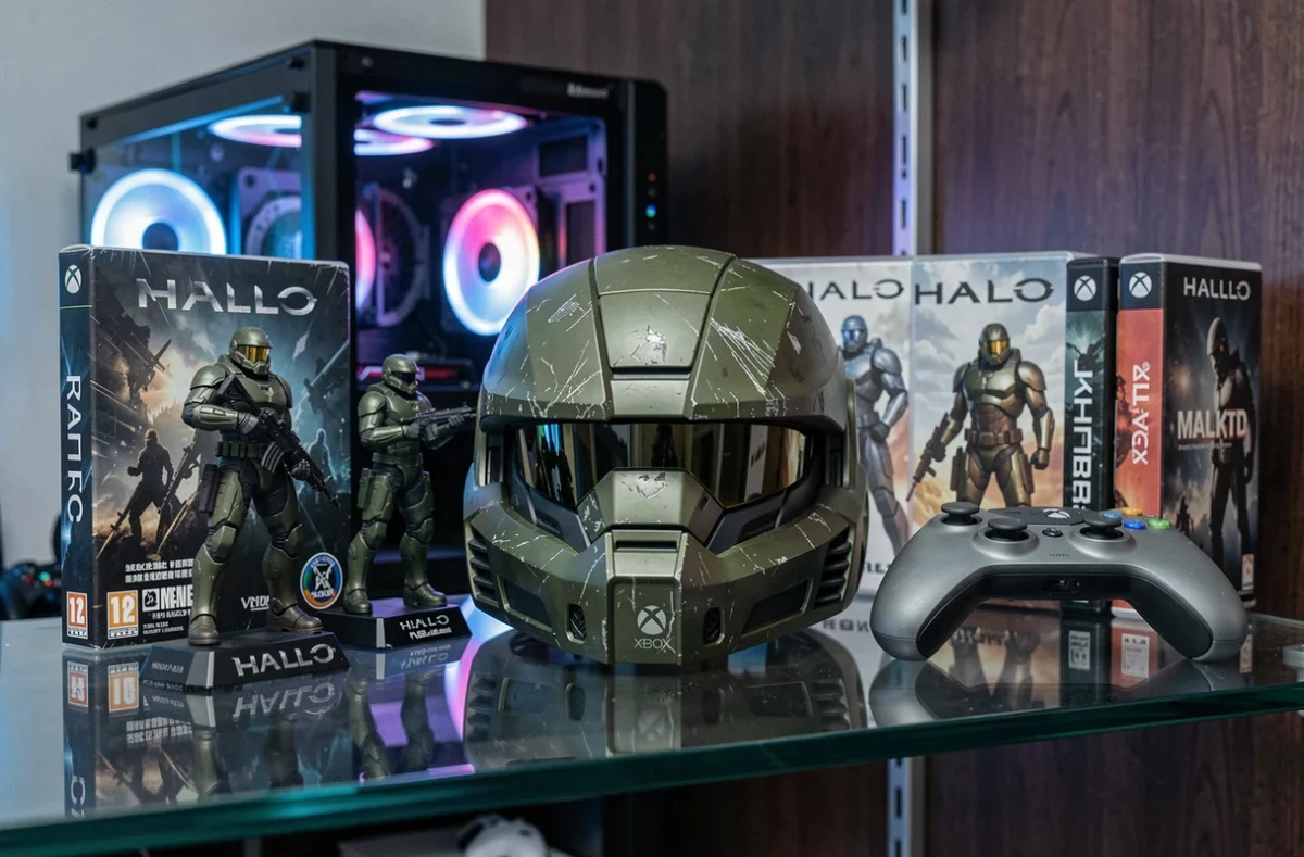 Collection de figurines et de boîtiers Halo sur une étagère, symbolisant l'héritage culturel de la franchise et de 343 Industries pour Microsoft