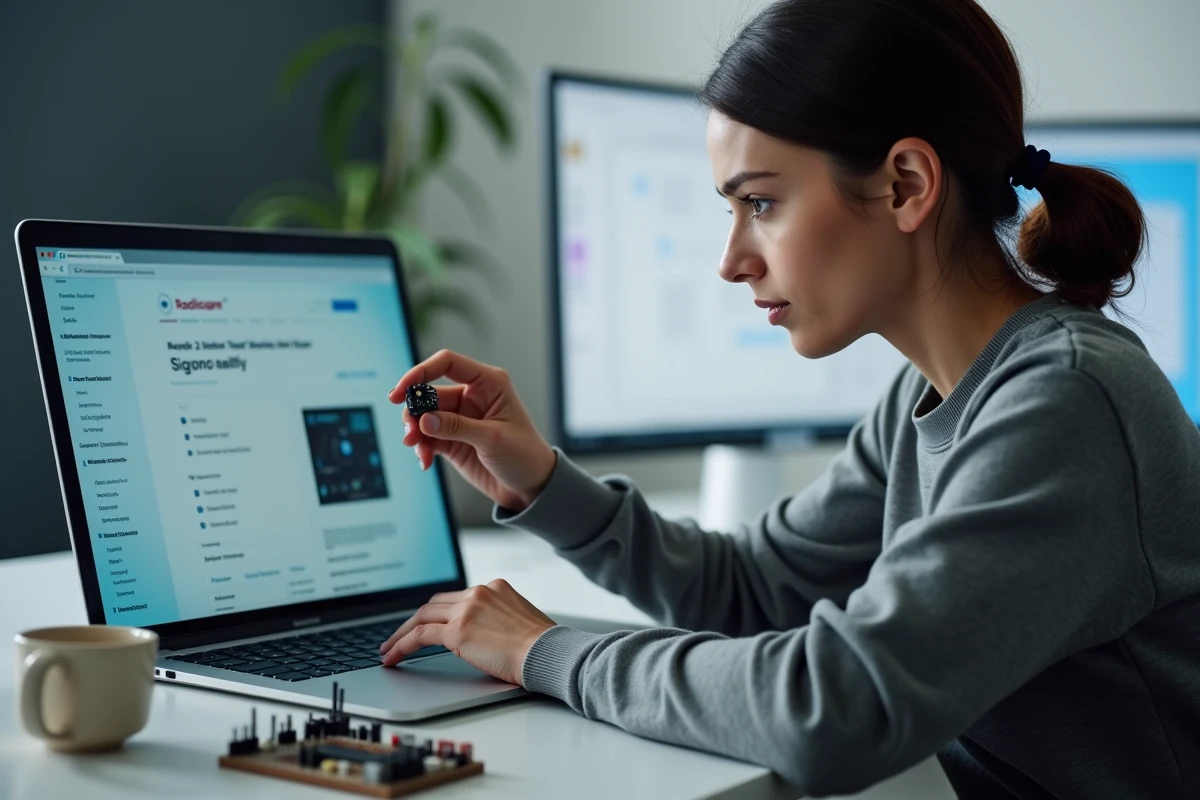 Femme comparant un composant électronique avec une fiche technique sur un site de vente en ligne pour vérifier sa compatibilité avant achat