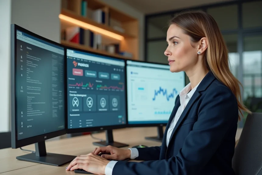 Professionnelle comparant des portails B2B sur un écran dans un bureau moderne