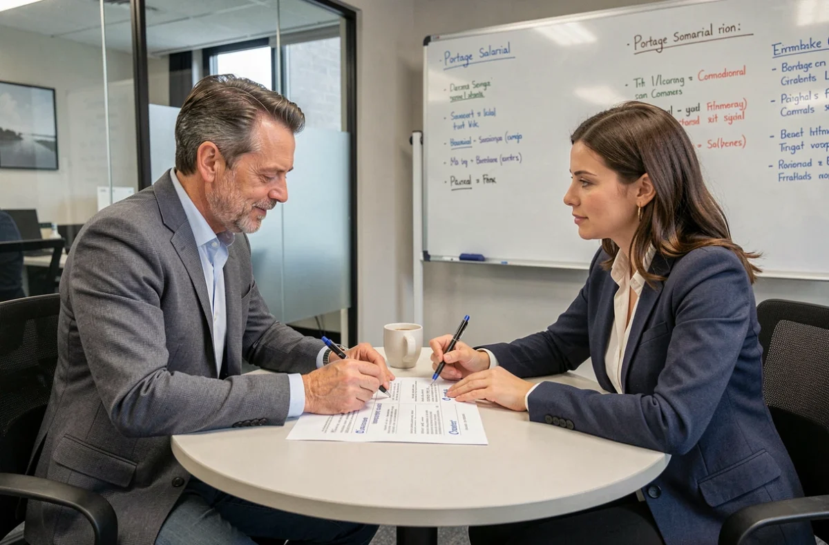 Deux professionnels comparant des sociétés de portage salarial à partir d'un annuaire imprimé en salle de réunion