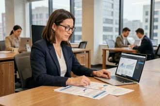Professionnelle comparant des solutions logicielles alternatives sur ordinateur et documents imprimés dans un bureau moderne