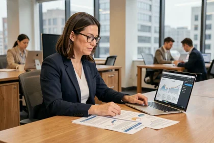 Professionnelle comparant des solutions logicielles alternatives sur ordinateur et documents imprimés dans un bureau moderne