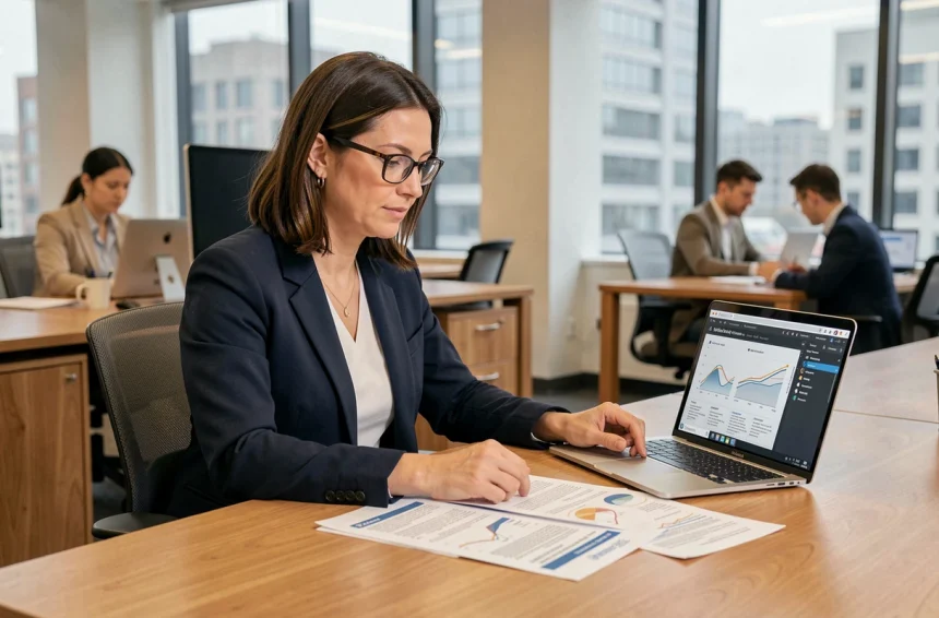 Professionnelle comparant des solutions logicielles alternatives sur ordinateur et documents imprimés dans un bureau moderne