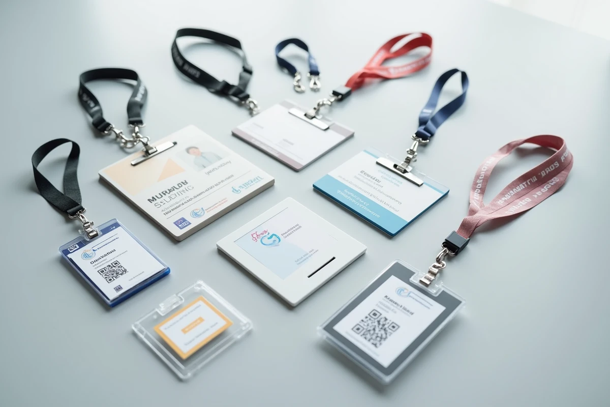 Comparaison de différents types de badges d'identification professionnels pour salon : clip, lanière, magnétique et porte-accréditation