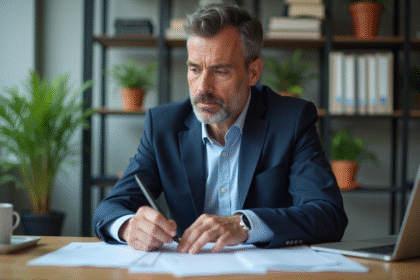 Homme comptable en costume regardant des documents au bureau