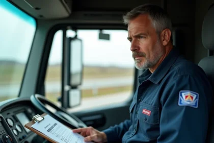Conducteur routier expérimenté consultant son barème de taux horaire dans la cabine de son camion