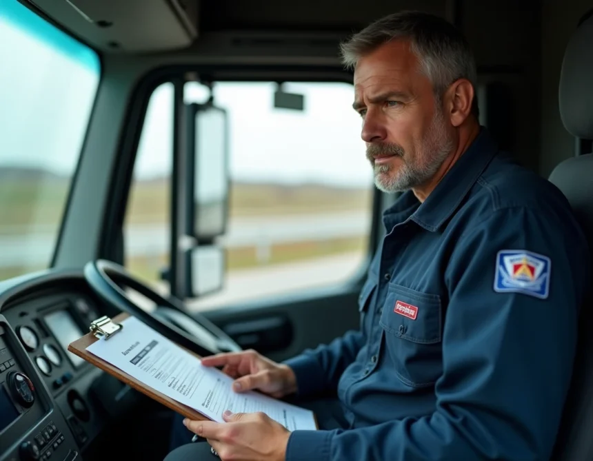 Conducteur routier expérimenté consultant son barème de taux horaire dans la cabine de son camion