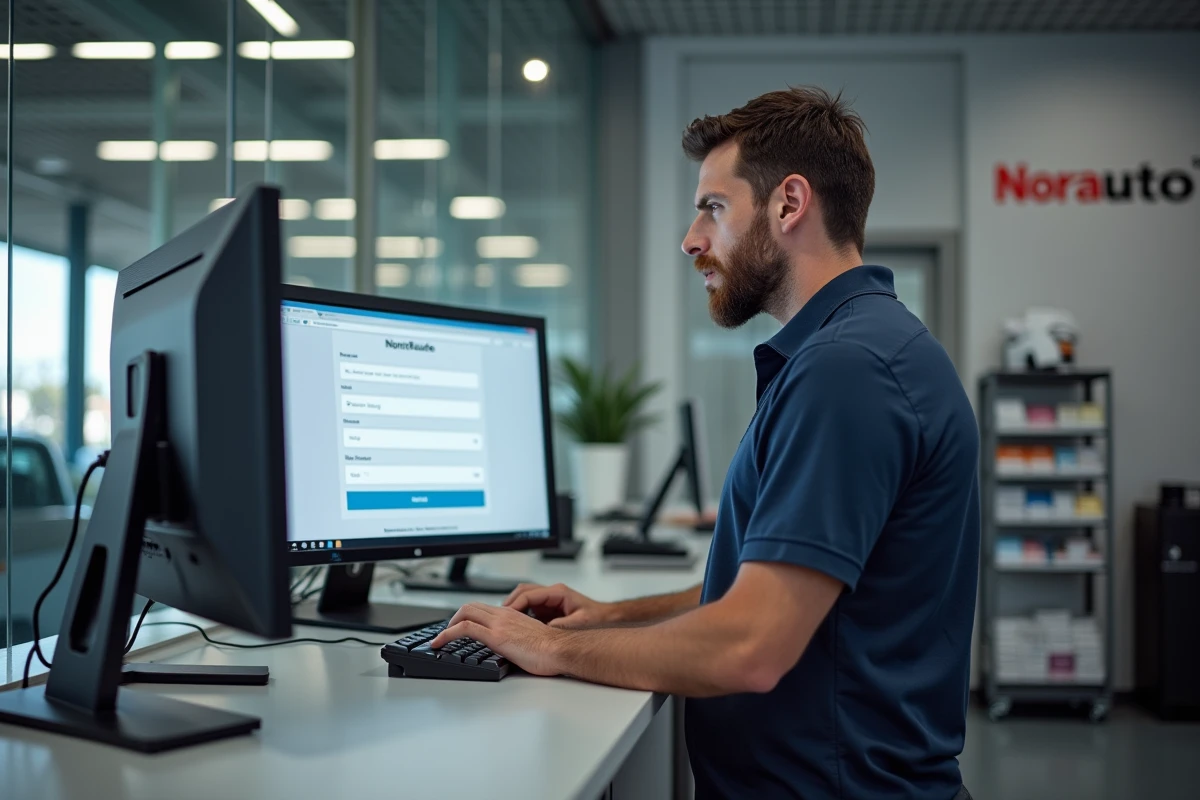 Employé franchisé Norauto accédant à l'intranet depuis le poste de travail du centre auto