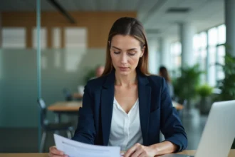 Conseillère bancaire consultant des documents d'assurance dans un bureau moderne, illustrant les délais de 7 jours ouvrables