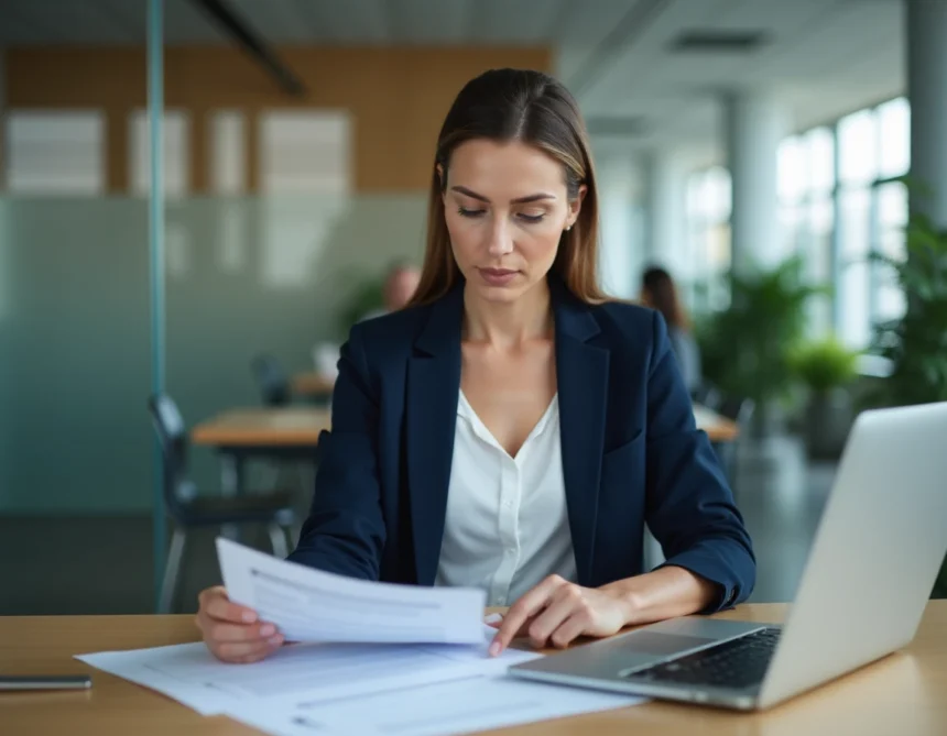 Conseillère bancaire consultant des documents d'assurance dans un bureau moderne, illustrant les délais de 7 jours ouvrables