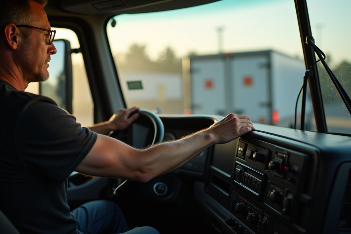 Main du conducteur ajustant la température dans la cabine du camion