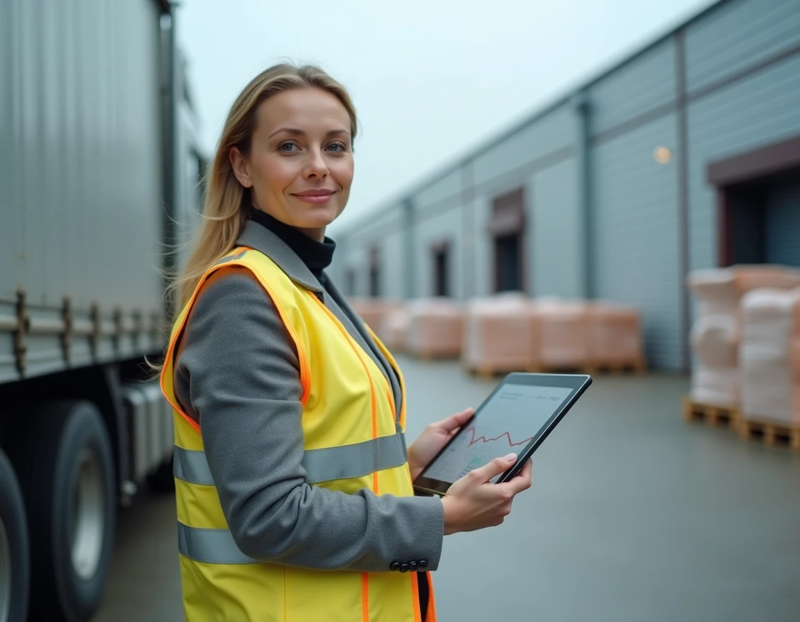 Coordinatrice logistique en gilet de sécurité consultant une grille salariale sur tablette dans un dépôt de transport