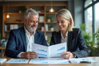 Couple d'adultes en réunion d'affaires dans un bureau moderne