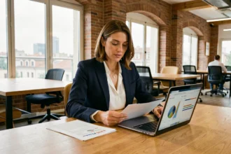 Femme entrepreneur en blazer marine travaillant sur son projet de création d'entreprise à Toulouse dans un espace de co-working moderne