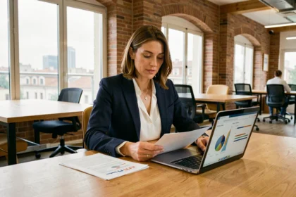 Femme entrepreneur en blazer marine travaillant sur son projet de création d'entreprise à Toulouse dans un espace de co-working moderne