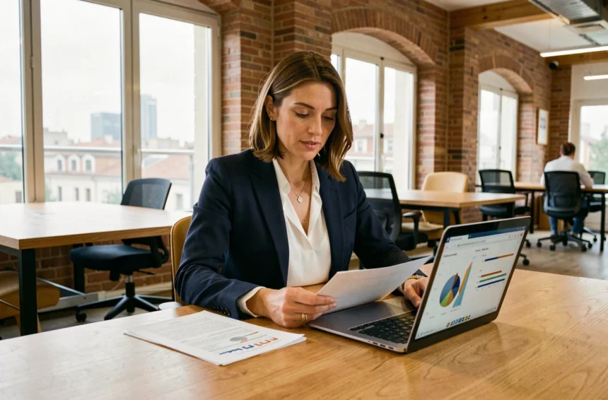 Femme entrepreneur en blazer marine travaillant sur son projet de création d'entreprise à Toulouse dans un espace de co-working moderne