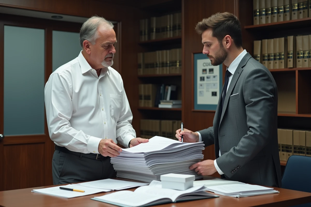 Deux collègues masculins examinant et cosignant un dossier administratif par délégation, illustrant les enjeux de responsabilité liés à la signature pour ordre en entreprise