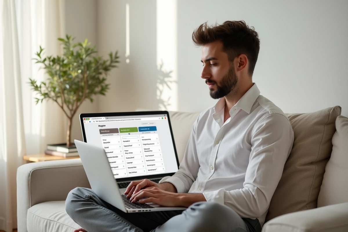 Un développeur web freelance travaille à l'optimisation multilingue du site vitrine SaaS Roumane and Companies depuis son bureau à domicile minimaliste