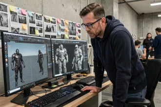 Développeur de jeux vidéo travaillant sur un moteur 3D dans un studio moderne, evoquant l'univers Halo et l'héritage de 343 Industries