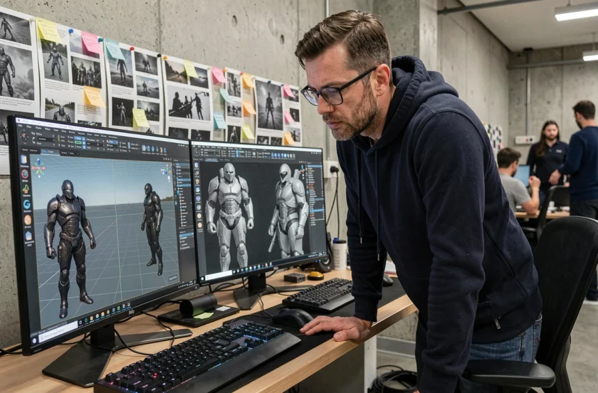 Développeur de jeux vidéo travaillant sur un moteur 3D dans un studio moderne, evoquant l'univers Halo et l'héritage de 343 Industries