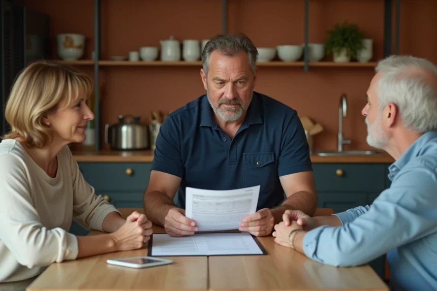 Artisan présentant un devis travaux à un couple de propriétaires dans une cuisine moderne, discussion autour d'un document papier