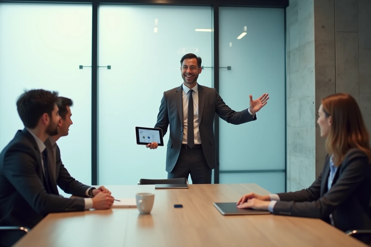Dirigeant présentant une plateforme d'analyse d'entreprise à ses collaborateurs lors d'une réunion en salle de conférence