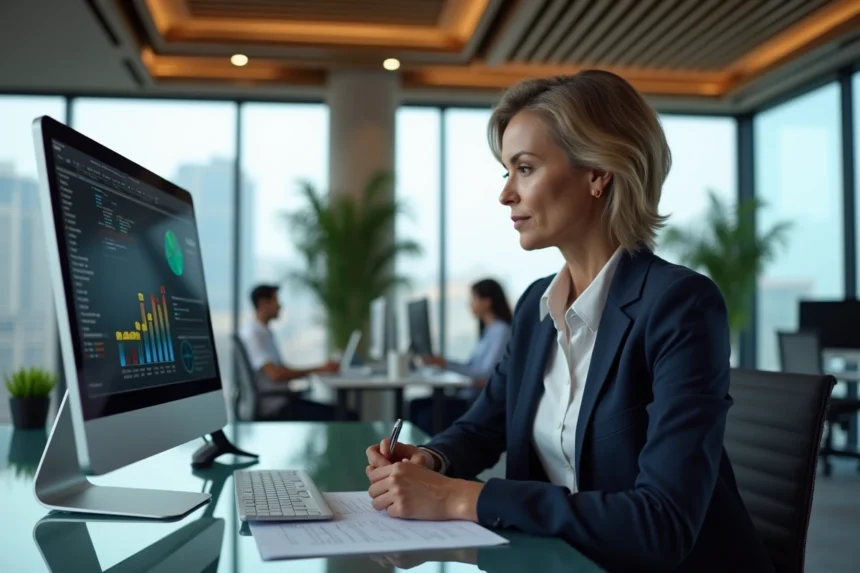 Dirigeante d'entreprise analysant des tableaux de bord stratégiques sur un écran dans un bureau moderne en 2026