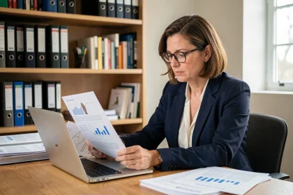 Dirigeante de PME analysant les données économiques de son entreprise sur ordinateur portable dans un bureau moderne