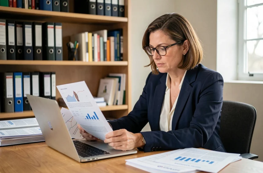 Dirigeante de PME analysant les données économiques de son entreprise sur ordinateur portable dans un bureau moderne
