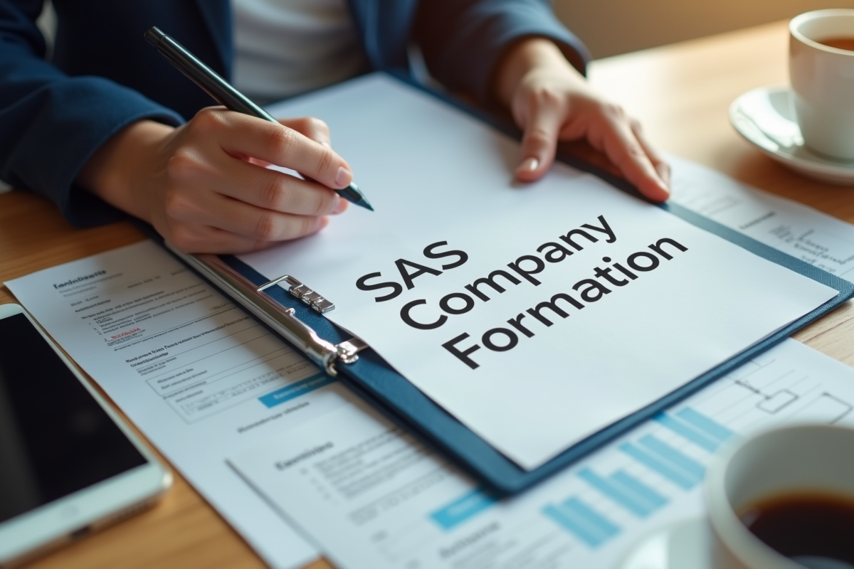 Mains tenant un dossier de formation SAS sur un bureau en bois