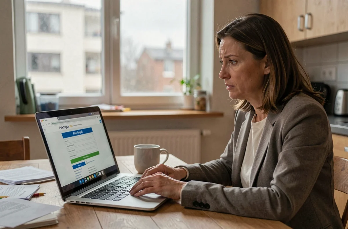 Une femme licenciée pour faute grave consulte ses droits au chômage sur le site Pôle Emploi depuis son domicile