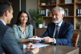 Homme en costume navy échange un certificat avec une femme