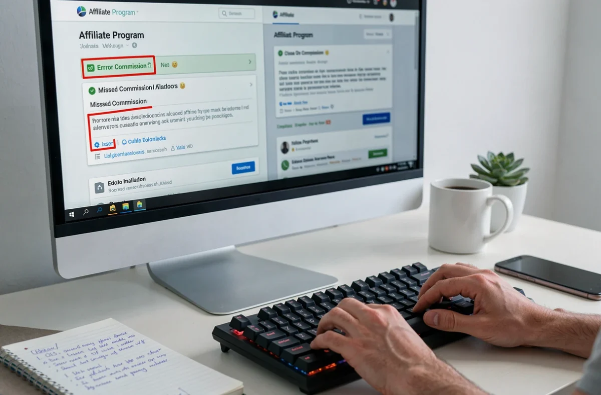 Gros plan sur un écran affichant des erreurs de commissions sur une interface de programme affilié Conversant, avec des mains corrigeant les paramètres au clavier