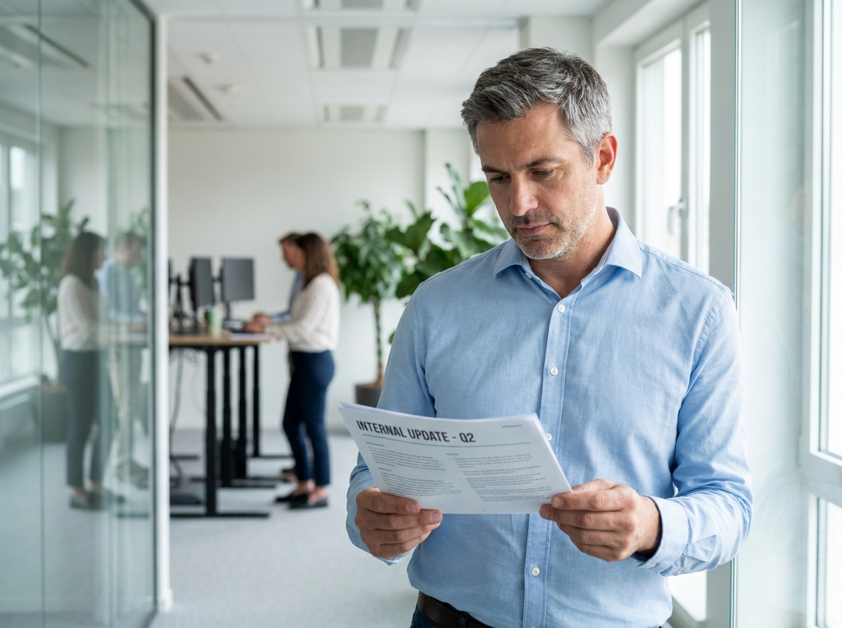 Employé lisant un journal interne CSE dans un couloir de bureau moderne