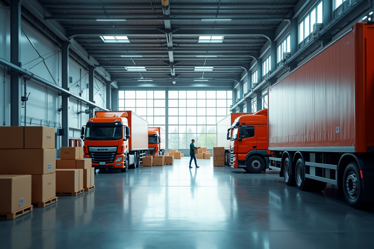 Entrepot moderne en France avec camions et employés en action