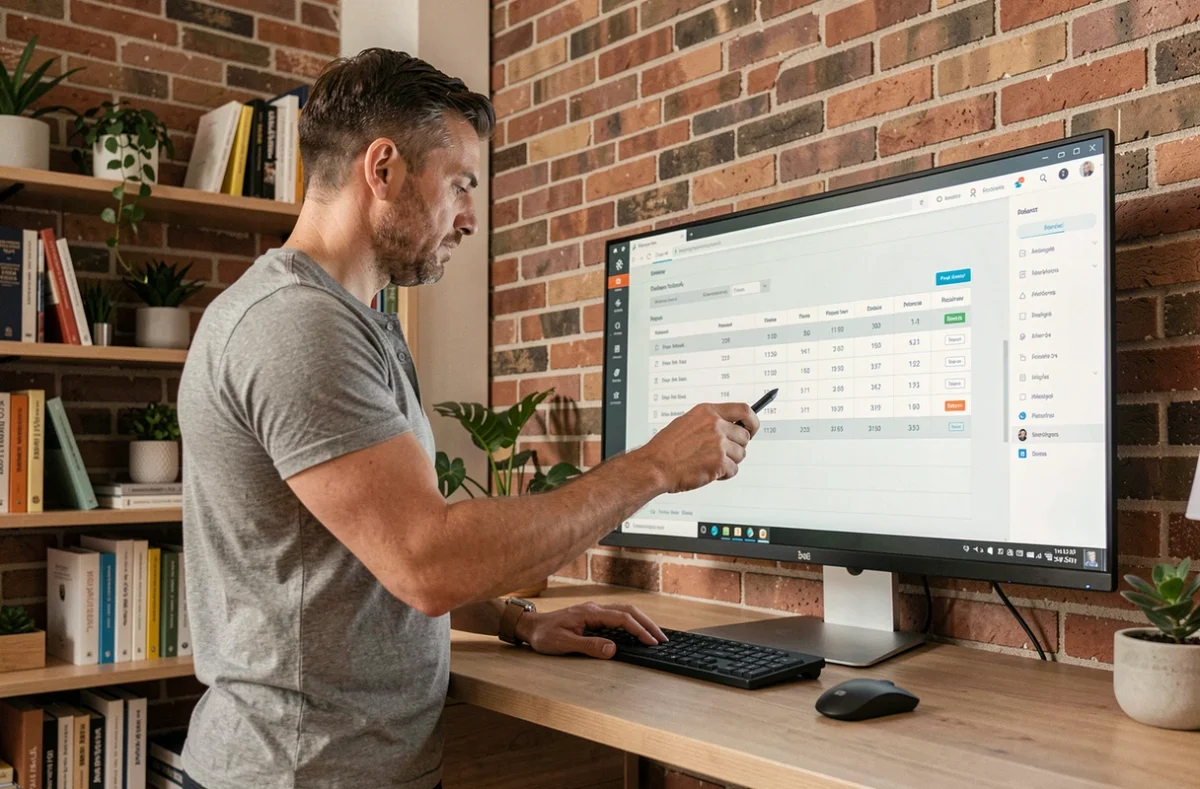Entrepreneur évaluant des alternatives logicielles sur un grand écran dans son bureau à domicile