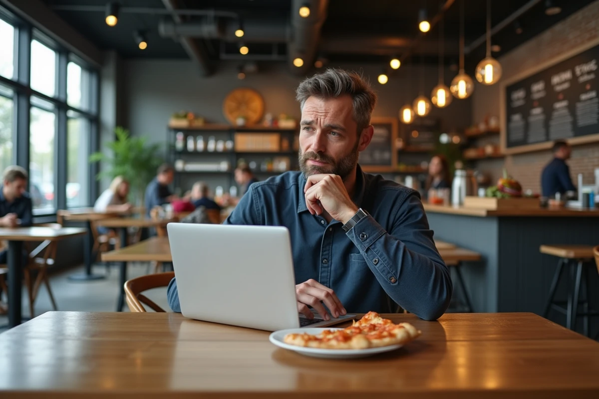 Entrepreneur analysant les données de vente d'une plateforme de livraison de pizzas en ligne, enjeux du modèle Mypizzadoor Pro versus dark kitchens en 2026