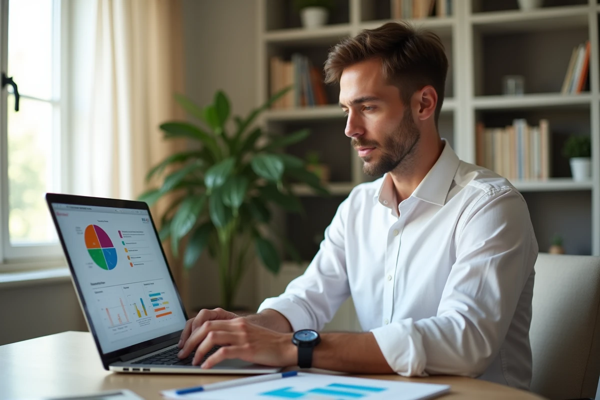 Entrepreneur travaillant sur une analyse SWOT digitale dans un bureau à domicile