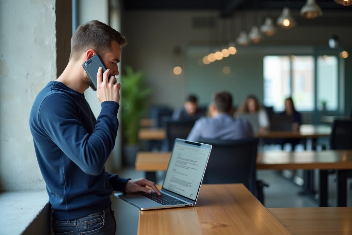 Jeune entrepreneur en espace de coworking consultant l'Urssaf par téléphone pour démarrer son activité professionnelle