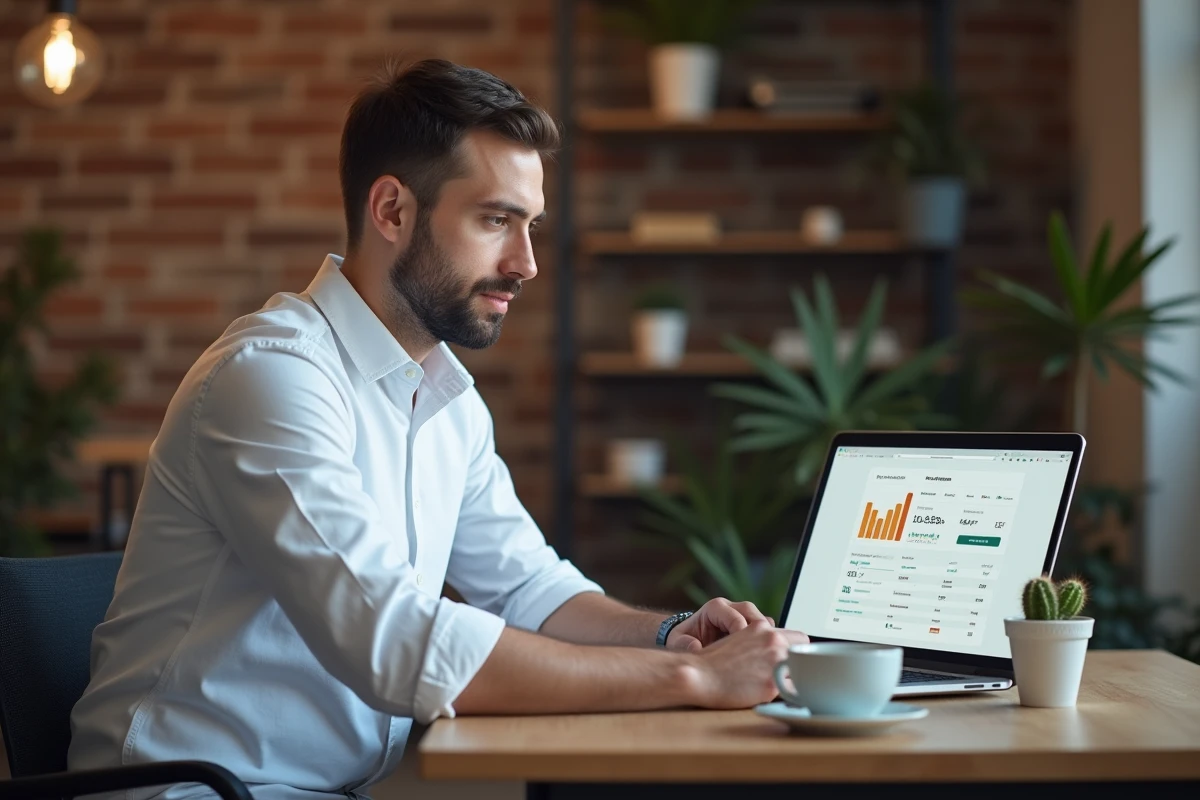 Entrepreneur B2B concentré sur l'optimisation d'une plateforme e-commerce avec un faible taux de conversion dans un bureau moderne